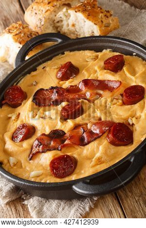 Gachas Manchegas With Bacon And Chorizo Delicious Simple Spanish Food Close-up In A Pan On The Table