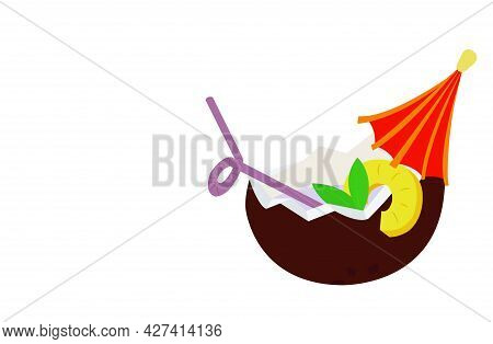 Coconut Cocktail With Straw, Umbrella And Pineapple Slice. Vector Stock Illustration.