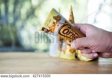 Samut Prakan, Thailand - July 21, 2021 : Wall's Thailand Cornetto Ice Cream Brown Sugar Bubble Chees