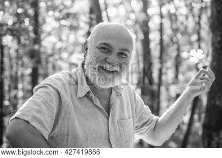 Keep Cheerfulness. Pensioner Hiking In Forest On Sunny Autumn Day. See Beauty In Simple Things. Old 
