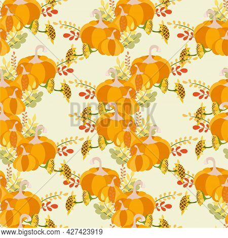 Pumpkin Sunflowers Yellow Leaves Seamless Pattern Art Design Stock Vector Illustration For Web, For 