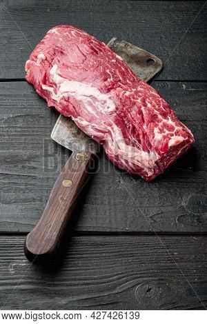 Tenderloin, Or Eye Fillet Cut Raw Marbled Beef Meat Set , With Old Butcher Cleaver Knife, On Black W