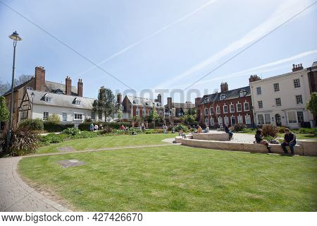 Views Of Gloucester Cathedral Gardens And Surrounding Buildings In Gloucester In The Uk, Taken On Th