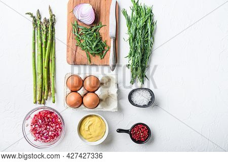 Asparagus Eggs And French Dressing Ingredients With Dijon Mustard, Onion Chopped In Red Vinegar  Tar