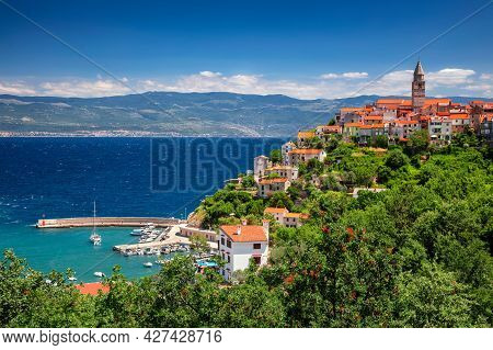 Vrbnik, Croatia. Aerial Cityscape Image Of Iconic Village Of Vrbnik, Croatia Located On Krk Island A
