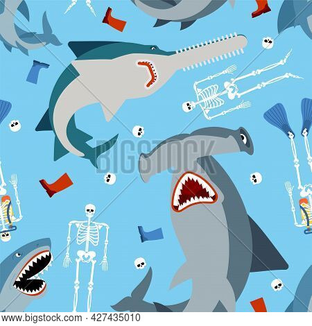 Shark And Skeleton Diver Pattern Seamless. Marine Predator Ate Frogman Background. Diver's Death Tex