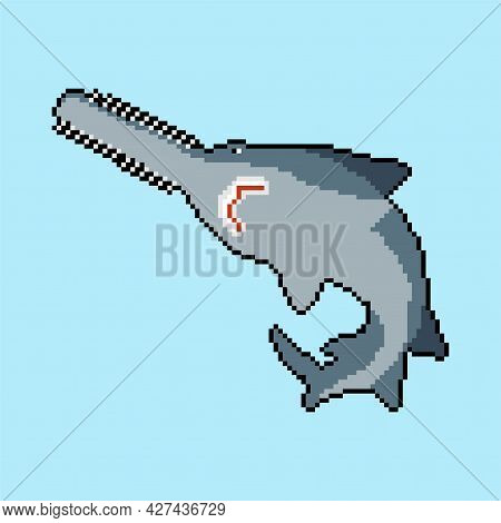 Sawfish Pixel Art. 8 Bit Marine Predator Saw Fish. Vector Illustration