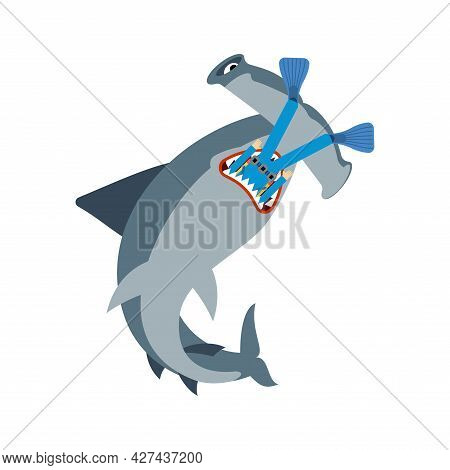 Hammerhead Shark And Diver. Marine Predator Ate Frogman. Death Of A Diver By Fish Hammer