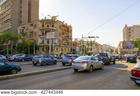 Cairo - Egypt - October 4, 2020: View Of Cairo Old Historical Residential District With Main Street 