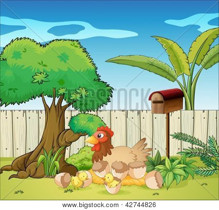 Illustrazione di una gallina e i suoi pulcini