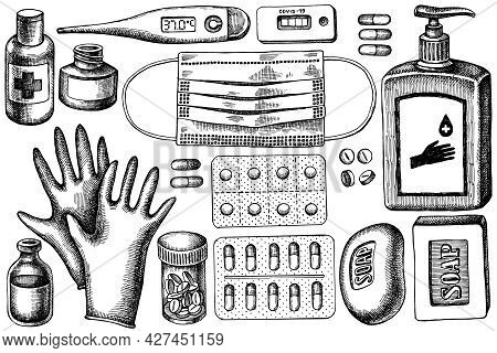 Vector Set Of Hand Drawn Black And White Pills And Medicines, Medical Face Mask, Sanitizer Bottles, 