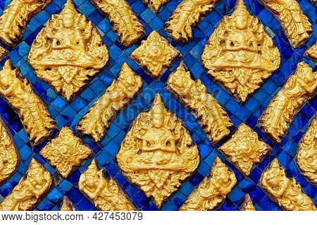 Panel Of Blue Glass Mosaic With The Image Of The Buddha In The Lotus Position Of Gold Color