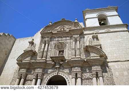 Stunning Facade Of Church Of The Society Of Jesus (iglesia De La Compania), Historic Place In Arequi