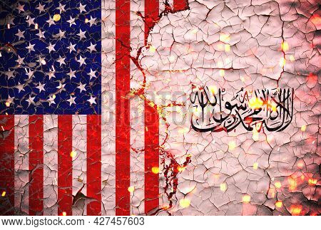 Us And Taliban Flags Painted Over Cracked Concrete Wall.and Lava Flows Behind.us Vs Taliban War.