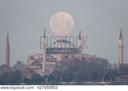 Moonset Over Hagia Sophia, Istanbul City, Turkey