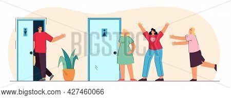 Comparison Of Queues For Women And Men In Public Toilets. Flat Vector Illustration. Man Walking Into