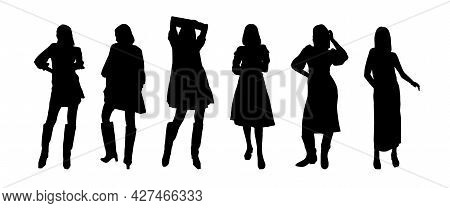 A Set Of Black Silhouettes Of Girls Of Models In Dresses For Printing On T-shirts, Mugs, Bags, Decor