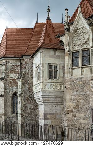 Hunedoara, Transylvania, Romania -  May 31, 2021:  Construction Details Of The  Hunedoara Castle, Al