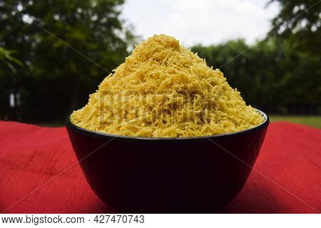 Side View Of Nylon Sev Namkeen Also Known As Jheeni Sev Or Barik Sev, Vermicelli Noodle Fry Served I