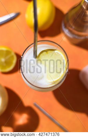 Creamy Lemonade Trendy Summer Mocktail. Cold Non-alcoholic Cocktail With Lemon Juice And Sweetened C