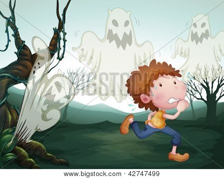 Ilustrace chlapce a tři ghost