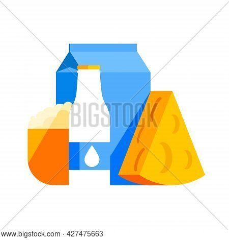 Vector Flat Abstract Illustration With Fermented Milk Products. Cheese, Packages Of Milk, Yogurt, A 