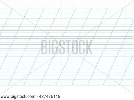 Empty Incline Lined Pages Notebook School Blank Pad, Vector Background. Blue Striped Copybook. Red R