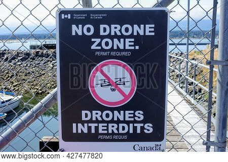Comox, British Columbia, Canada - July 8th, 2021: A Sign At A Marina Warning No Drones Are Allowed T