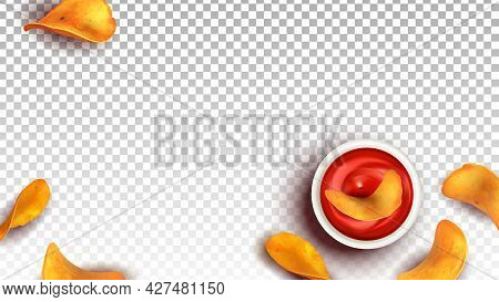 Chips Fried Potato Snack Dip In Ketchup Vector. Eatery Crisp Chips Slices And Tomato Sauce Bowl. Del