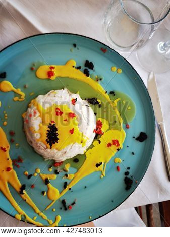 Plate Of Anchovies Assembled With Mayonnaise And Creams, Served With Style