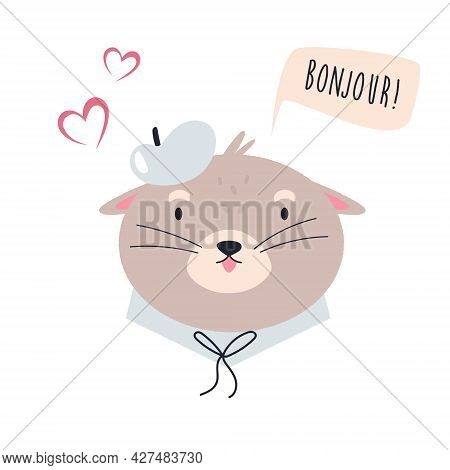 Funny Otter In Cloth And Berret Saying Bonjour.