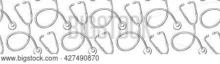 Vector Seamless Pattern With Outline Stethoscopes In Doodle Style. Medical Backgrounds And Textures.