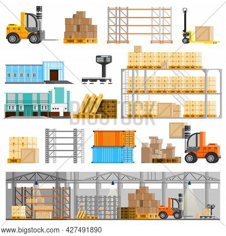 Warehouse Orthogonal Icons Set With Loader And Cargo Flat Isolated Vector Illustration