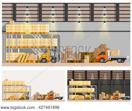 Warehouse Orthogonal Compositions Set With Van And Loader Flat Isolated Vector Illustration