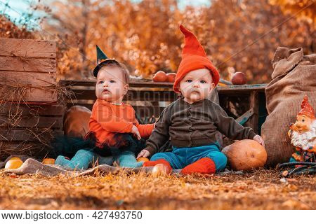 Halloween And Autumn Holidays. A Small Boy In A Dwarf Costume And A Cutr Little Girl In A Witch Cost
