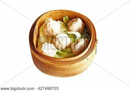 Bamboo Basket With Five Cooked Dim Sum Isolated On White