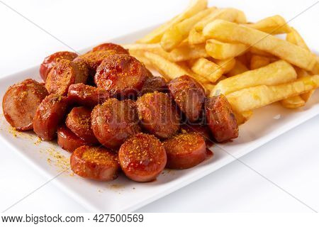 Traditional German Currywurst Isolated On White Background, Typical Oktoberfest Food.suasages With K