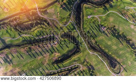 Green Golf Courses By The Sea. Salgados Sunny Day Portugal, Albufeira. Aerial View.