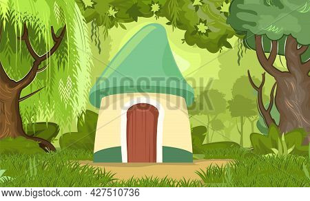 Fabulous Funny House In Clearing. Forest Meadow Landscape. Garden. Willow. Dwelling Of Gnome. Beauti