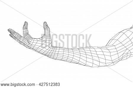 Hand Hold Some Tiny Or Thin Object. Vector Rendering Of 3d. Wire-frame Style. Hand Hold Somethin