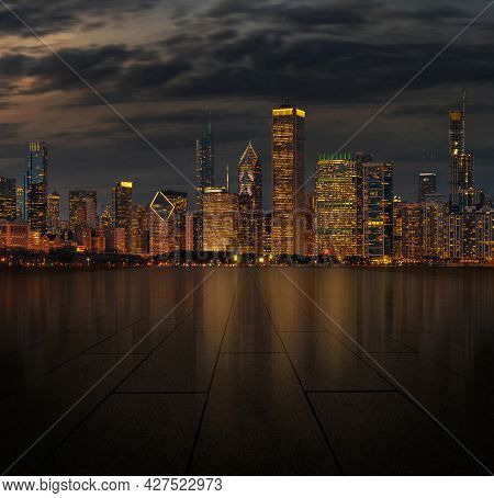 Automotive And Parking Lot Concept, Road Of Parking Over Chicago Cityscape River Side At Night Time 
