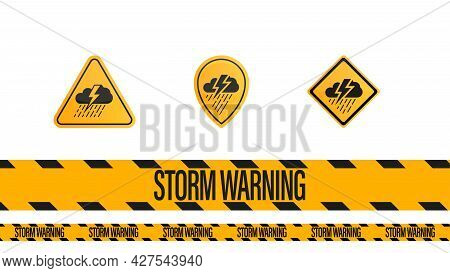 Storm Warning, Yellow - Black Warning Tape And Weather Warnings Symbols Isolated On White Background