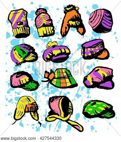 Vector Large Set Of Hats For All Seasons In Different Modern And Hippie Styles, Using Green, Pink, Y
