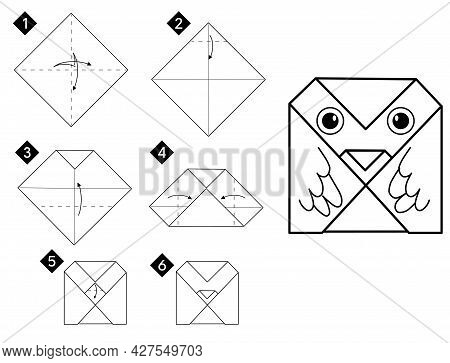 Step By Step How To Make Simple Origami Owl Bird . Vector Monochrome Instructions Illustration. Blac