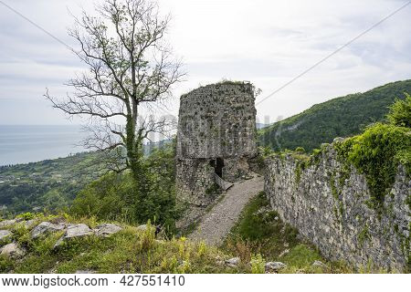 The Gate Tower Of The Anakopia Fortress In The New Athos Of The Republic Of Abkhazia. A Clear Sunny 