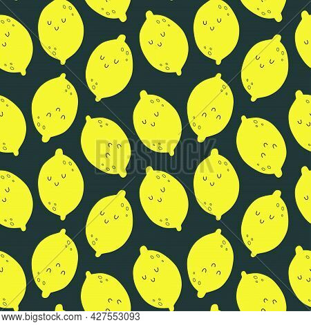 Vector Seamless Pattern With Cartoon Yellow Lemons. It Can Be Used As Wallpaper, Poster, Print For C