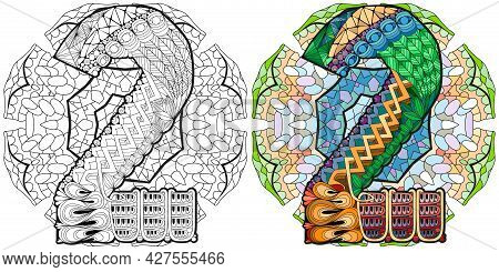 Hand-painted Art Design. Illustration Mandala With Numero Two. Colored And Outline Set