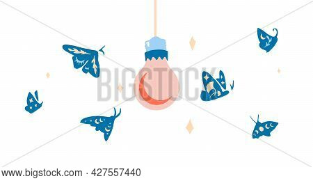 Isolated Swarm Of Butterflies And Moths Flying Towards The Light. Magical Insects With Mystical, Ast