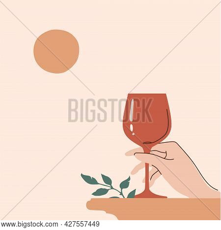Fashionable Boho Illustration Of A Hand With A Glass Of Wine  In A Trendy Style. Modern Vector Art F