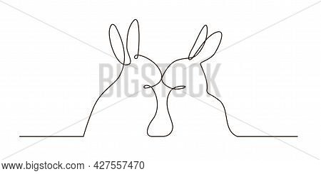 Continuous Line Art Of A Romantic Rabbits. Two Sitting Bunnies Touching Their Noses, A Pair Of Anima